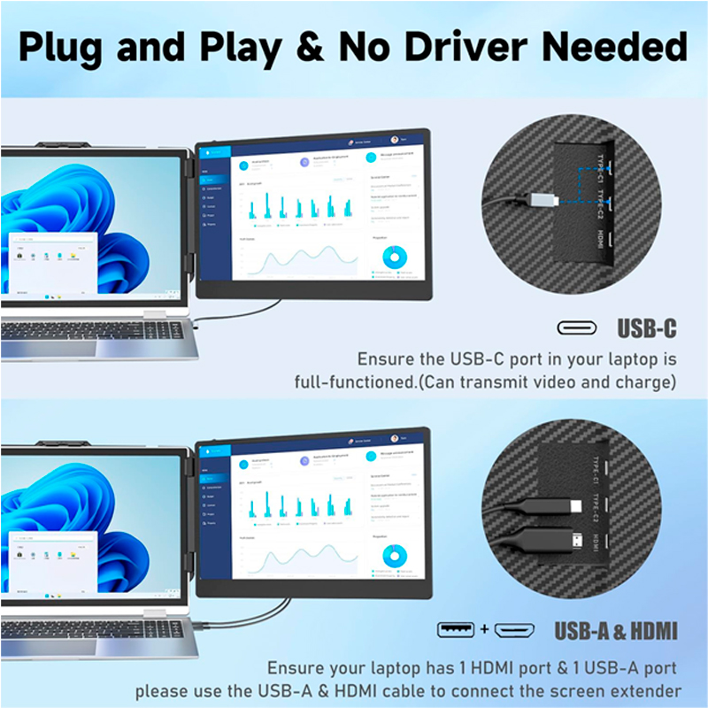 Extensor de monitor de 14" para portatiles de 13" - 17", FHD (1920x1080), IPS, USB-C/HDMI