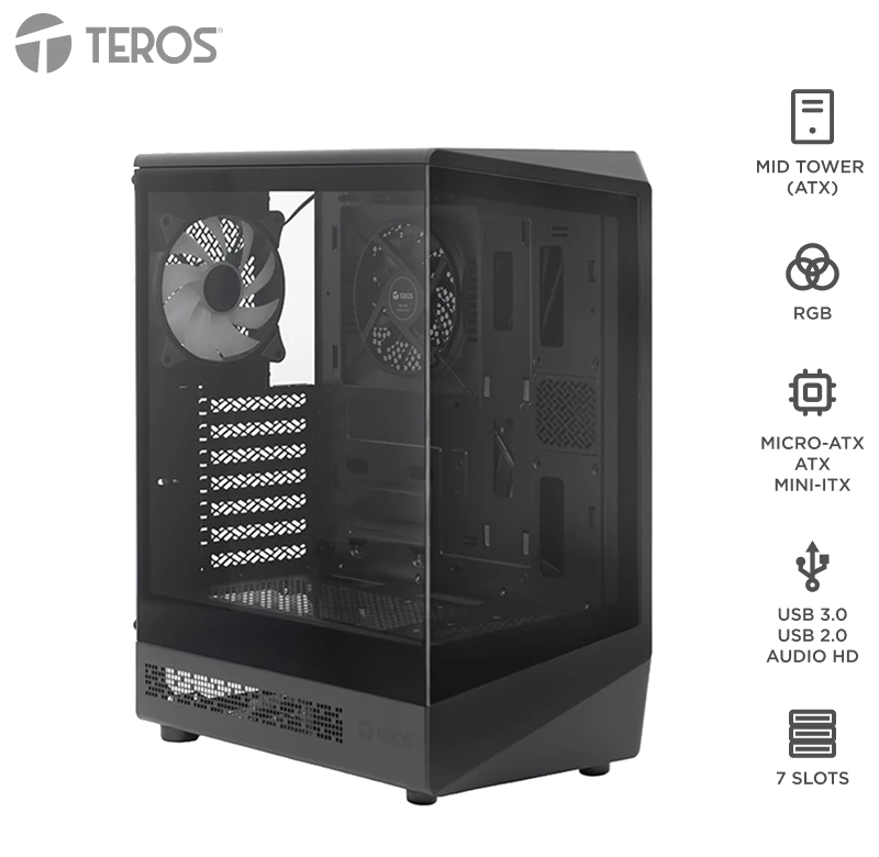 Case Gamer Teros Te-1321g, Mid Tower, Usb 3.0 / Usb 2.0, Audio, Ventilador Rgb, Negro