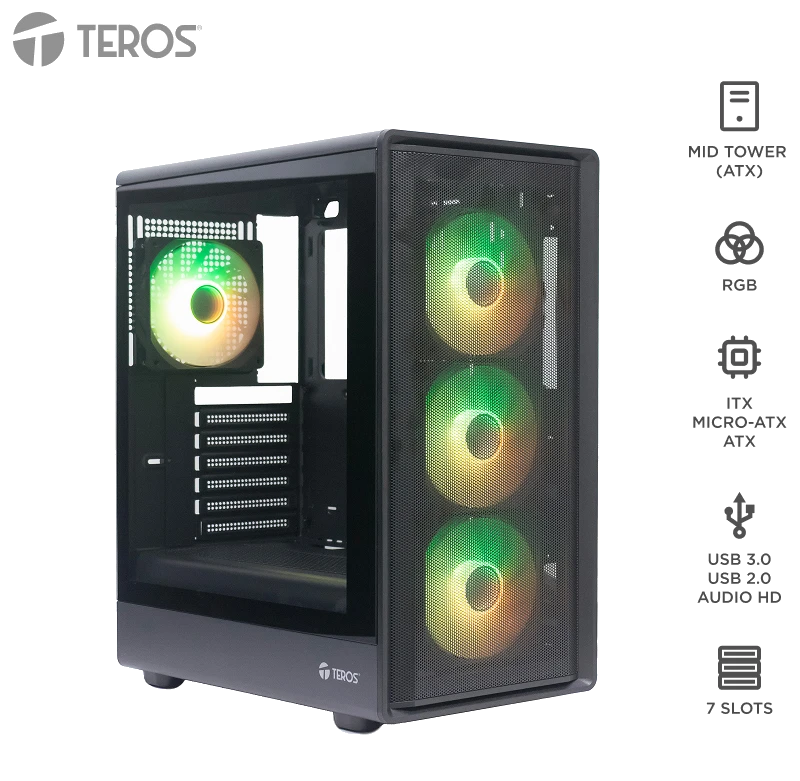 Case Sin Fuente Gamer Teros Te-1323g, Itx, M-atx, Atx, 3.5" Y 2.5", Negro