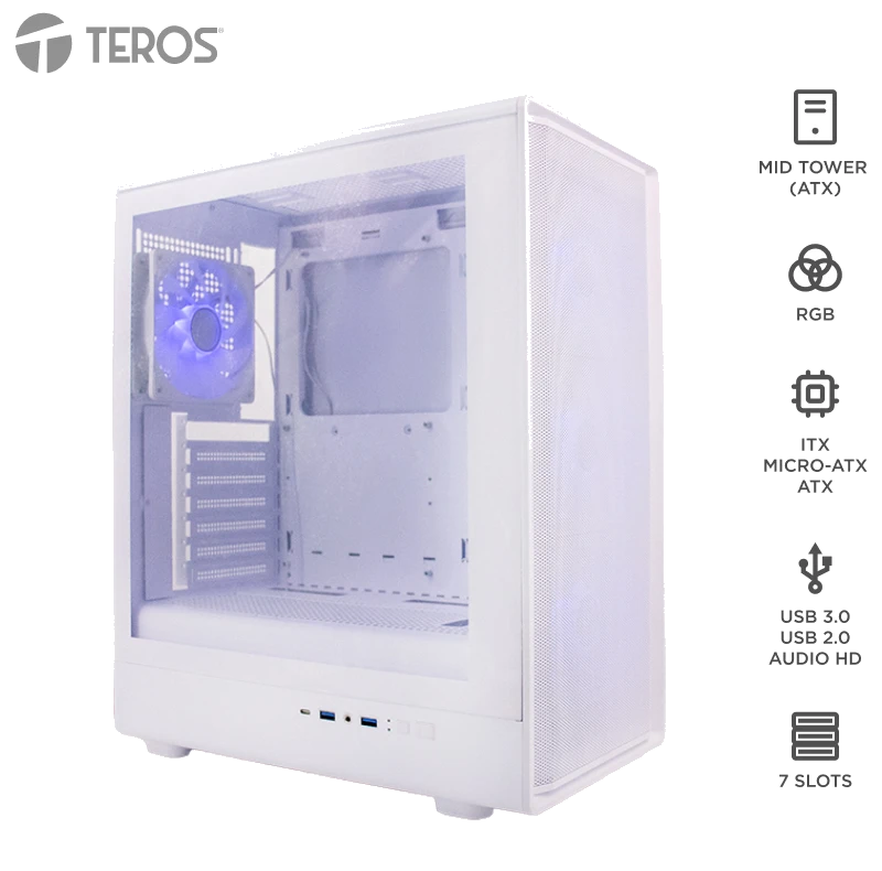 Case Sin Fuente Gamer Teros Te-1329g, Itx, M-atx, Atx, 3.5" Y 2.5", Blanco