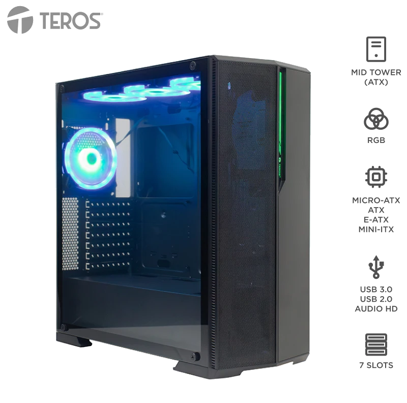 Case Gamer Teros Te1175n, Mid Tower, Negro, Usb 3.0, Usb 2.0, Audio.