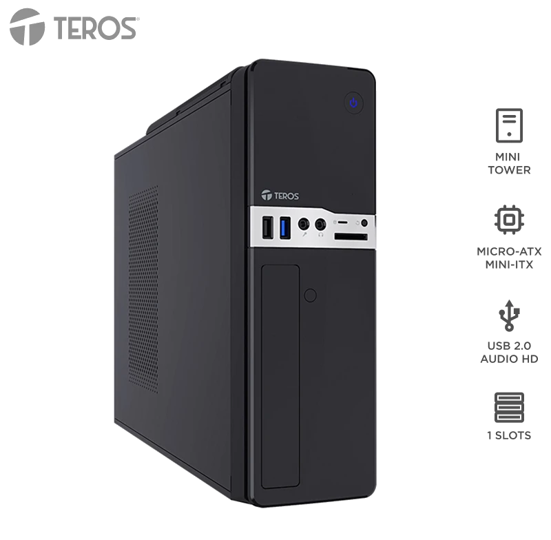 Case Teros Te-1032s, Slim, 250 W, Usb 3.2 / Usb 2.0, Audio Hd, Dvd, Negro