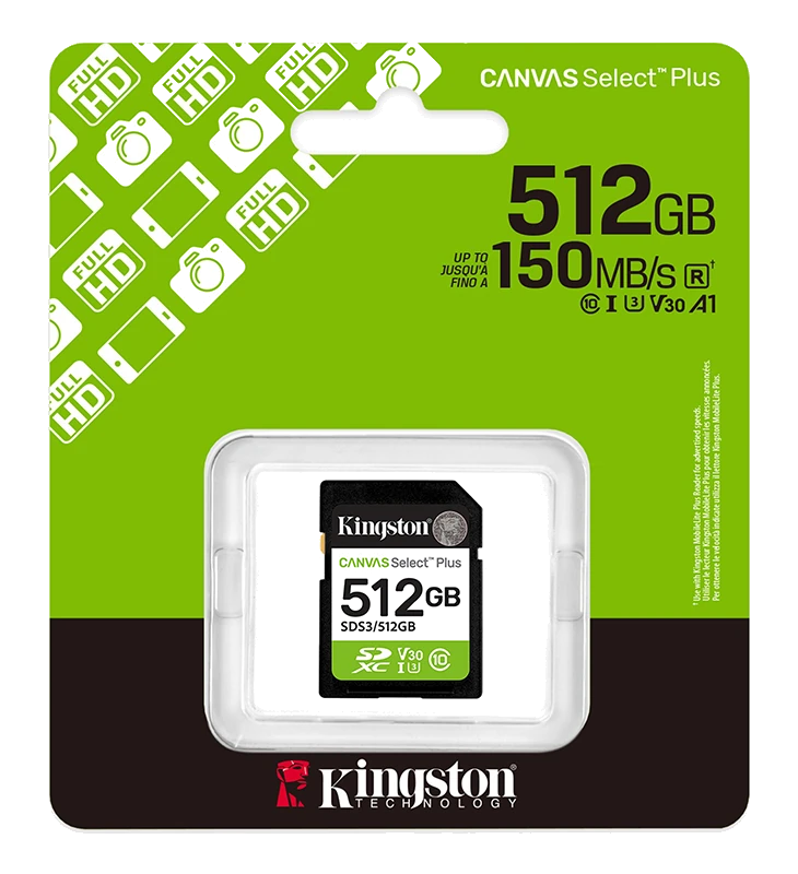 Memoria Card SD Kingston SD Canvas Select Plus 512GB, categoría de velocidad: UHS-I/U3/V30