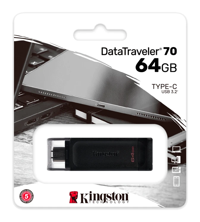 Memoria Flash Usb Kingston Datatraveler 70, 64gb, Usb-c 3.2 Gen1, Presentación En Colgador