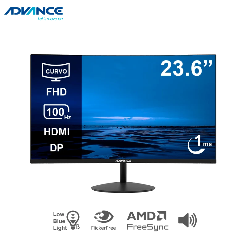 Monitor Curvo Advance Adv-2452s, 23.6" Fhd Va, 100hz, 1ms, Hdmi, Dp, Parlante, Negro