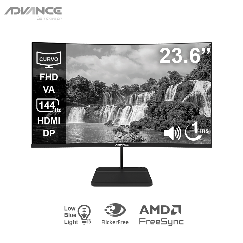 Monitor Curvo Advance Adv-2456s, 23.6" Fhd Va, 144hz, 1ms, Hdmi, Dp, Audio Out, Parlantes