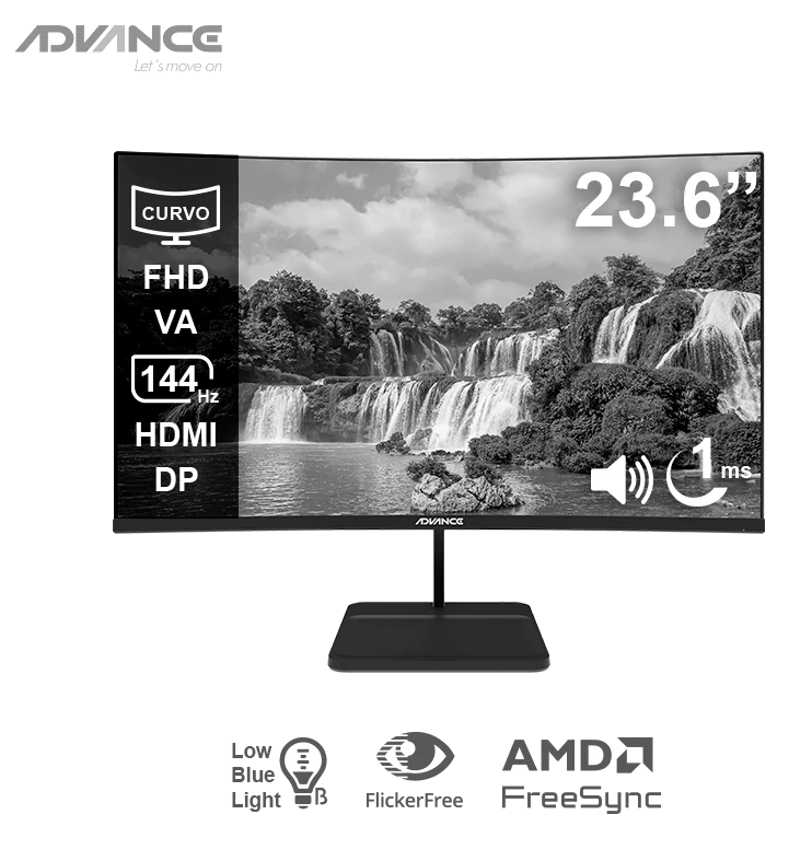 Monitor Curvo Advance Adv-2456s, 23.6" Fhd Va, 144hz, 1ms, Hdmi, Dp, Audio Out, Parlantes