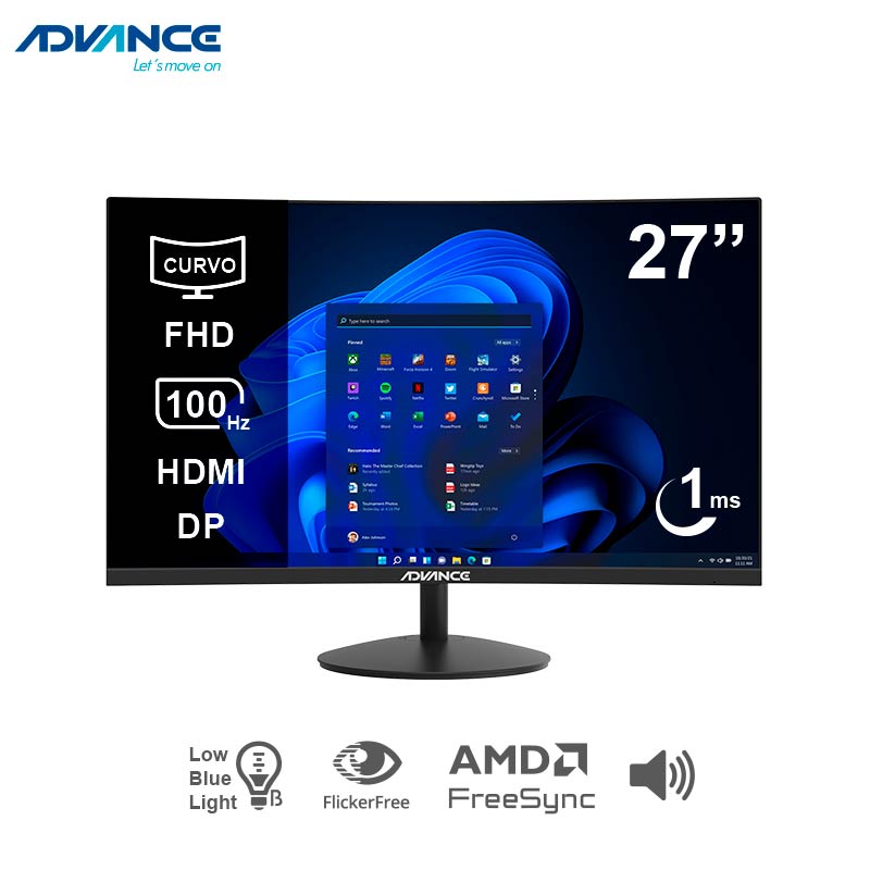Monitor Curvo Advance Adv-2751s, 27" Fhd Va, 100hz, 1ms, Hdmi, Dp, Audio Out, Parlantes