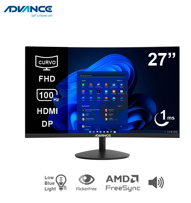 Monitor Curvo Advance Adv-2751s, 27" Fhd Va, 100hz, 1ms, Hdmi, Dp, Audio Out, Parlantes