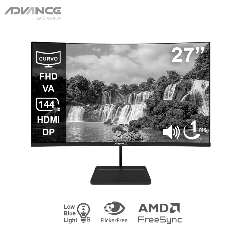 Monitor Curvo Advance Adv-2752s, 27" Fhd Va, 144hz, 1ms, Hdmi, Dp, Audio Out, Parlantes