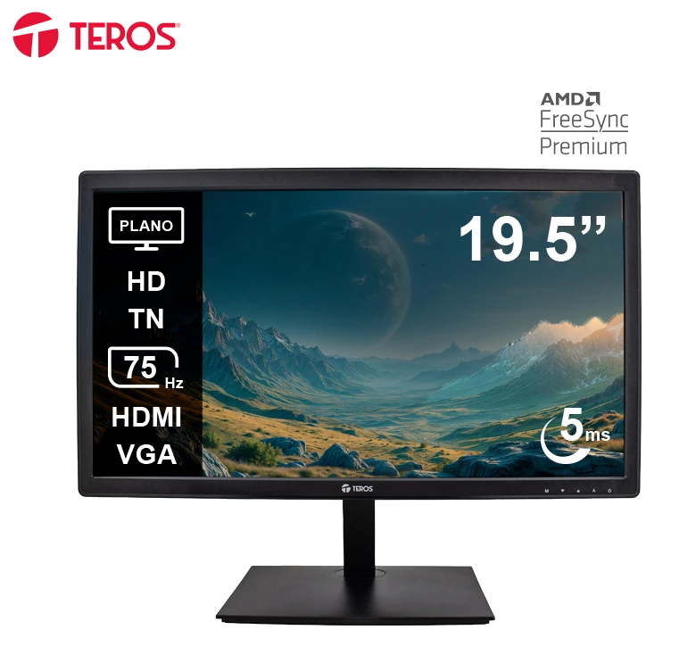 Monitor Plano Teros Te-1916s, 19.5" Hd Tn, 75hz, 5ms, Hdmi, Vga, Audio Out, Parlantes