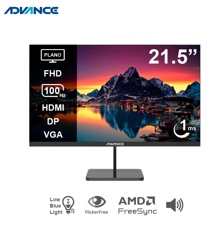 Monitor Plano Advance Adv-2152s, 21.5" Fhd Ips, 100hz, 1ms, Hdmi, Dp, Parlantes