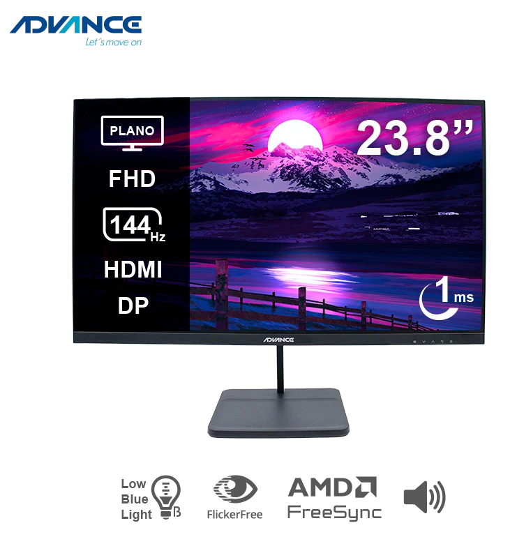 Monitor Plano Advance Adv-2454s, 23.8" Fhd Ips, 144hz, 1ms, Hdmi, Dp, Audio Out, Parlantes