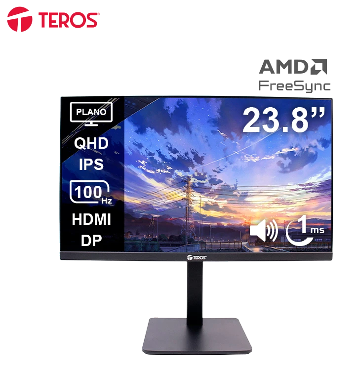 Monitor Plano Teros Te-2416cs, 23.8" Qhd Ips, 100hz, 1ms, Hdmi, Dp, Cámara, Micrófono
