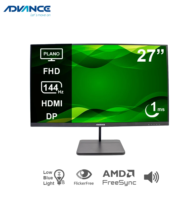 Monitor Plano Advance Adv-2755s, 27" Fhd Ips, 144hz, 1ms, Hdmi, Dp, Audio Out, Parlantes