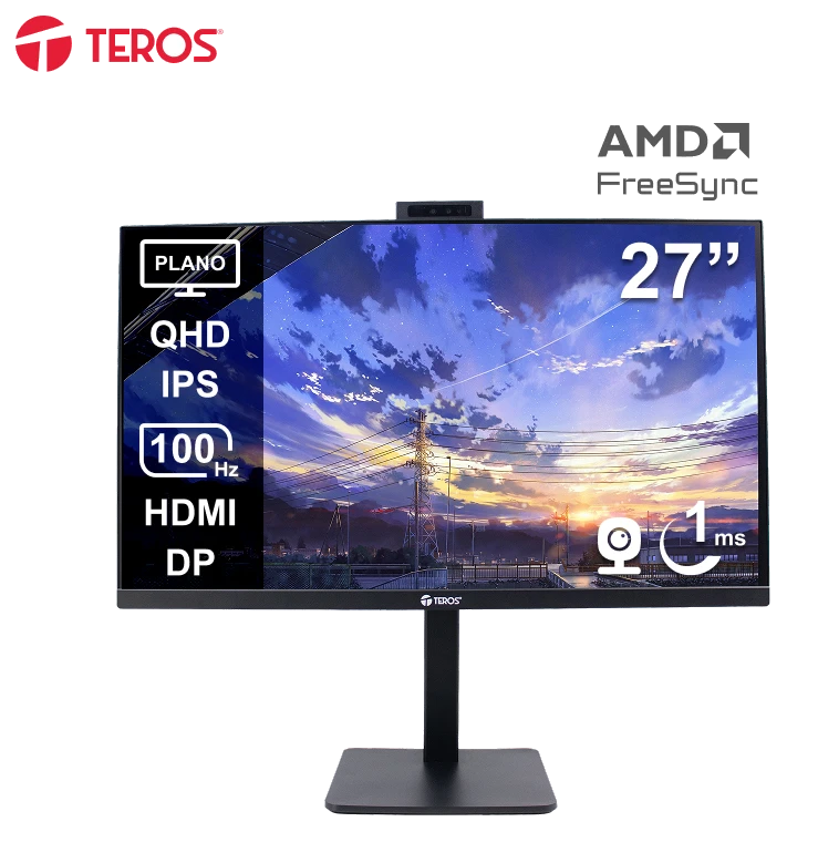 Monitor Plano Corporativo Teros Te-2715cs, Qhd Ips, 100hz, Hdmi, Dp, Audio Out, Cámara 5mp