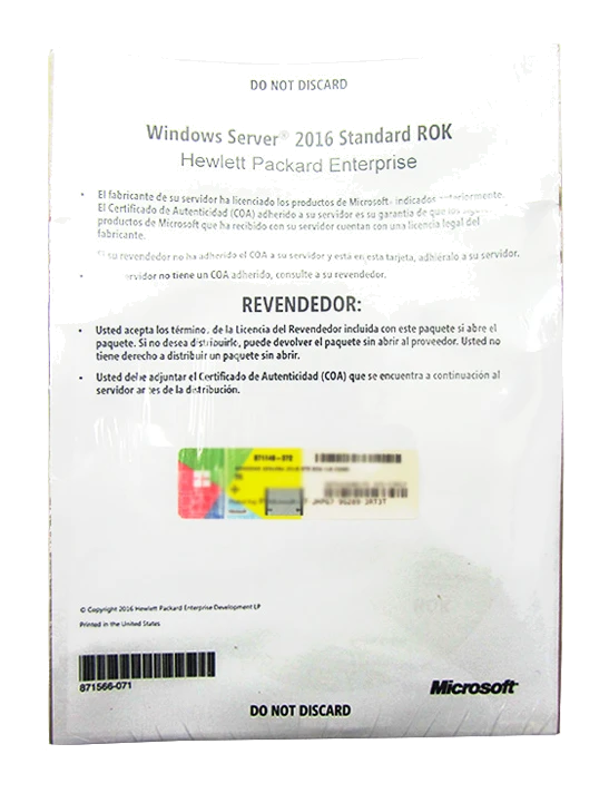 Licencia Hpe Microsoft Windows Server 2016 Standar, Oem, Rok, 16 Núcleos.