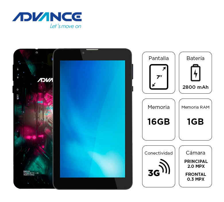 Tablet Advance Prime Pr6152, 7" 1024x600 Ips, Android 11 Go , 3g, Dual Sim, 16gb, Ram 1gb.