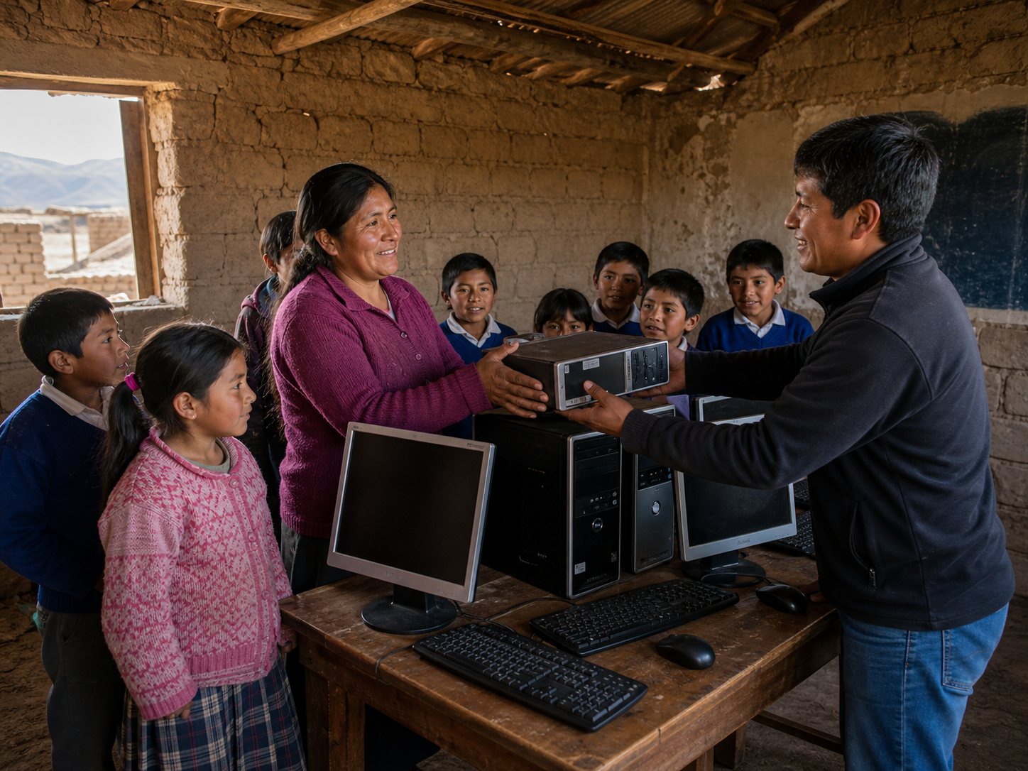 Entrega de computadoras reacondicionadas en un colegio rural peruano