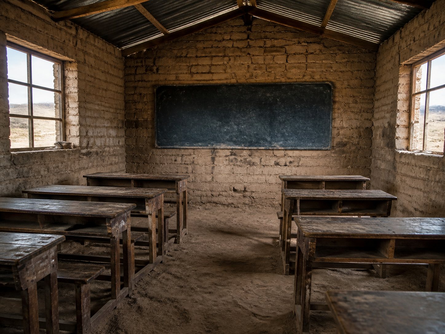 Aula rural peruana sin computadoras, con carpetas de madera y paredes de adobe