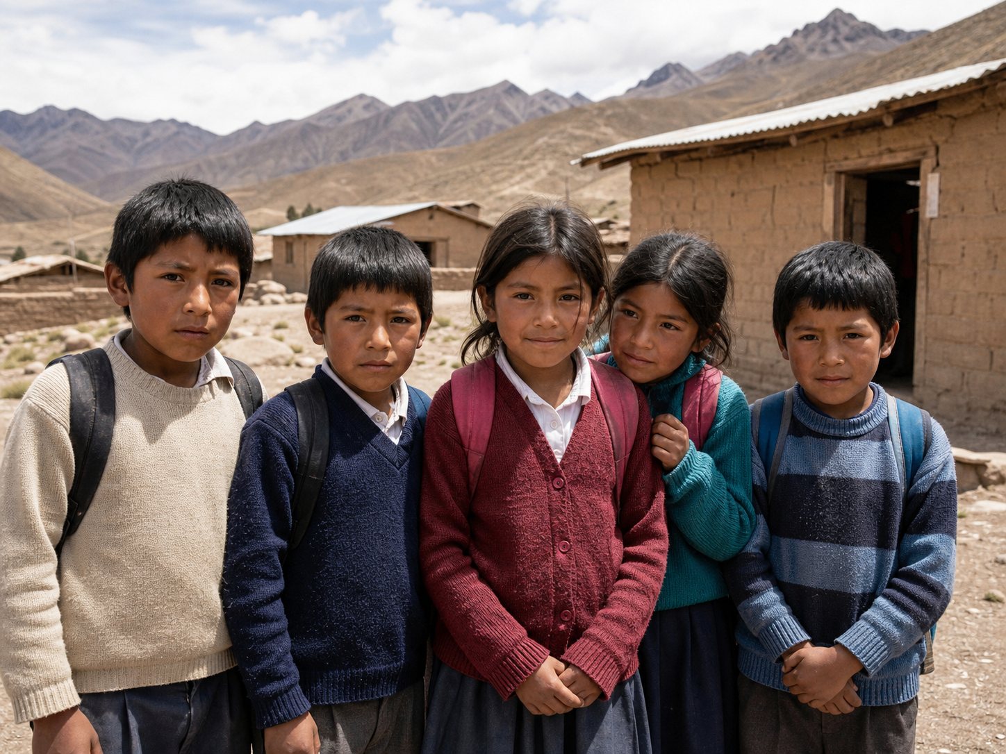 Niños de una comunidad peruana de bajos recursos frente a construcciones rudimentarias